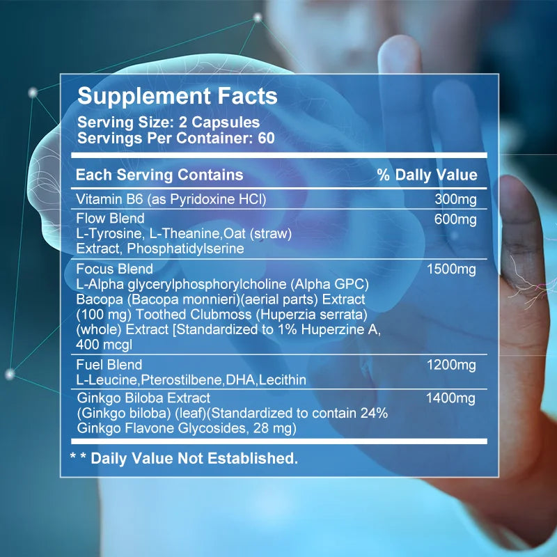 Brain Support Capsules – Ginkgo Biloba + B6 for Memory & Focus